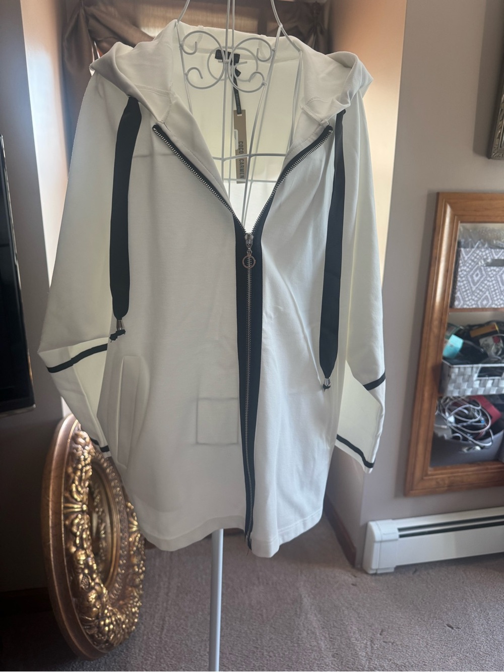 Coco + Carmen White Hooded Zip-Front Jacket with Black Trim